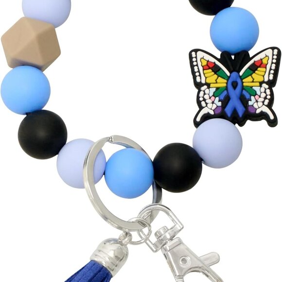 Silicone Keychain Beaded Wristlet Key Ring Bracelet,Beaded Keychain with Leather - Picture 1 of 5